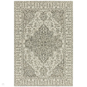 Bronte Traditional Persian Medallion Bordered Hand-Woven Textured Fine Wool Loop Pile Low Profile Short Pile Smoke Grey/Dark Beige/Taupe/Cream Rug-Asiatic Carpets-Rug Love - The Most Loved Rug Store